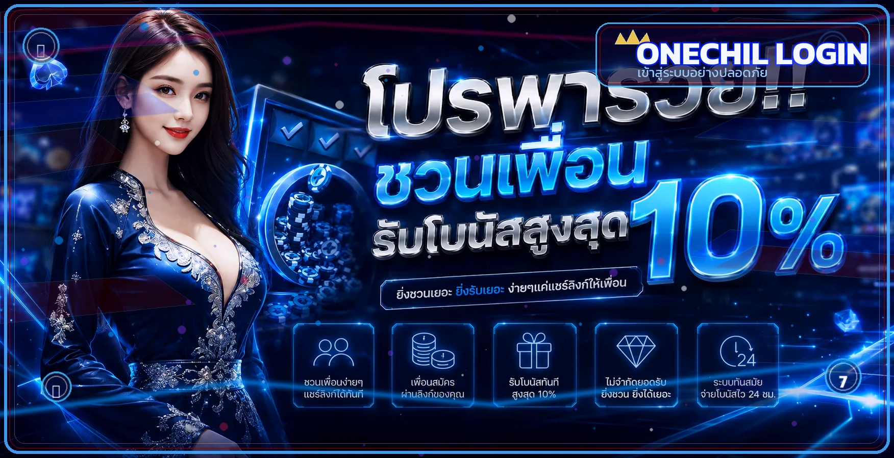 แบนเนอร์ ONECHIL เข้าสู่ระบบอย่างปลอดภัยพร้อมตัวละครสล็อต